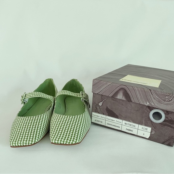 Jeffrey Campbell Square Toe Mary Jane Flats Green Houndstooth Pin Up Rockabilly - Picture 11 of 13